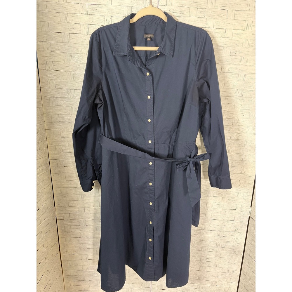 Talbots Womens Dress Shirt Navy Cotton Button Front Belted Long Sleeve Pockets